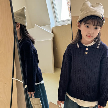 キッズトップス アランニットケーブル編み長袖ポロセーター - mamahalo shop - ニット・セーター -  べビー服 - 子供服 - 男の子 - 女の子