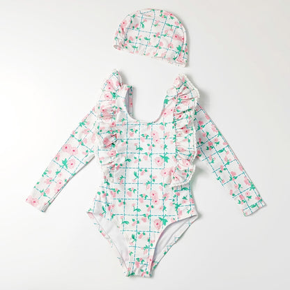 -キッズ 水着 長袖 ワンピース フリル フラワー 花柄 チェック スイムウェア 帽子 セット ガールズ【mh0001992】 - mamahalo shop - ベビー用水着 -  べビー服 - 子供服 - 男の子 - 女の子