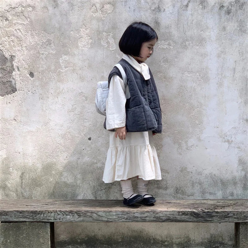 -キッズベスト 中綿キルティングレトロベストコート ダークグレー - mamahalo shop - ベスト -  べビー服 - 子供服 - 男の子 - 女の子