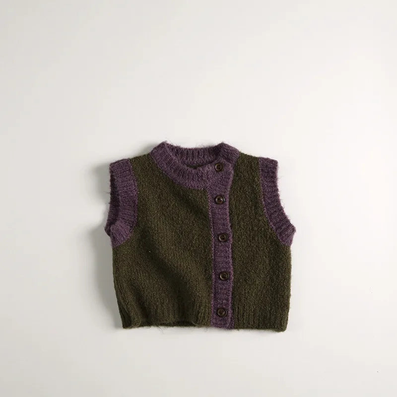 -キッズベスト ニットバイピングアシメフロントボタンベスト - mamahalo shop - ベスト -  べビー服 - 子供服 - 男の子 - 女の子