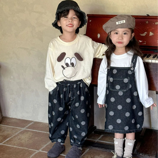 -キッズパンツ/サスペンダースカート デニム水玉ポルカドットプリントルーズロングパンツ/サスペンダーオーバーオールスカート リンクコーデ 兄弟姉妹 お揃いコーデ - mamahalo shop - ノースリーブワンピース -  べビー服 - 子供服 - 男の子 - 女の子