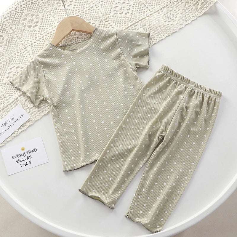 -キッズパジャマ 半袖パジャマセット 半袖Tシャツ+ロングパンツ 水玉ドットプリント 3カラー【mh0006077】 - mamahalo shop - 半袖パジャマ -  べビー服 - 子供服 - 男の子 - 女の子