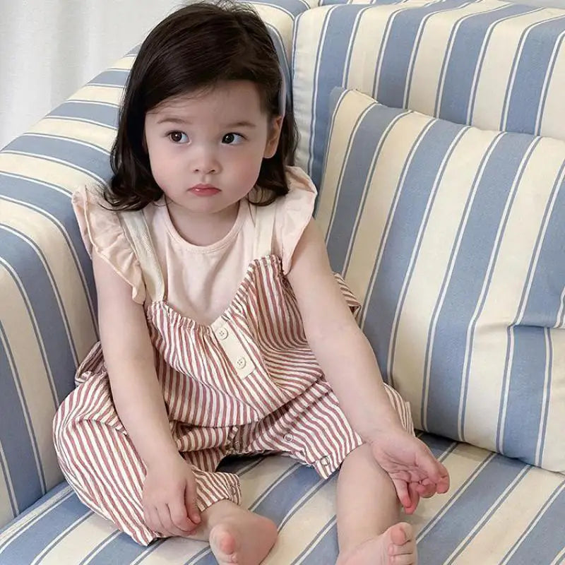 -ベビートップス/サロペット フリルスリーブTシャツ/ストライプサスペンダージャンプスーツ ピンク【mh0006306】 - mamahalo shop - サロペットパンツ・サスペンダーパンツ -  べビー服 - 子供服 - 男の子 - 女の子