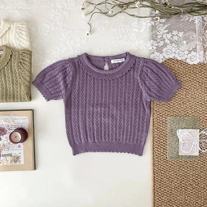 -ベビーキッズトップス レースニット フリル襟 半袖サマーセーター 3カラー - mamahalo shop - 半袖Tシャツ -  べビー服 - 子供服 - 男の子 - 女の子