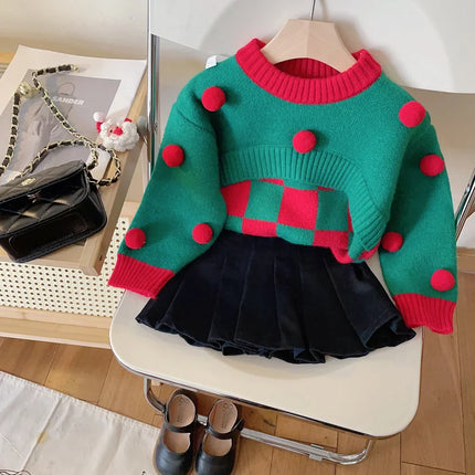 キッズトップス クリスマスカラーチェックぽんぽん付きニットセーター - mamahalo shop - ニット・セーター -  べビー服 - 子供服 - 男の子 - 女の子