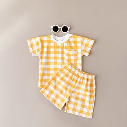 -ベビーキッズセットアップ 2点セット 半袖Tシャツ+ショートパンツ チェック/カラフルハートプリント【mh0005638】 - mamahalo shop - 半袖セットアップ -  べビー服 - 子供服 - 男の子 - 女の子