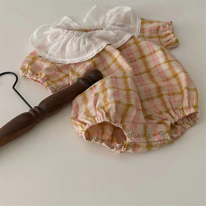 -ベビー フラワー 小花柄 チェック フリルカラー 半袖 ロンパース ホワイト イエローピンク ガールズ【mh0002041】 - mamahalo shop - 半袖ロンパース -  べビー服 - 子供服 - 男の子 - 女の子