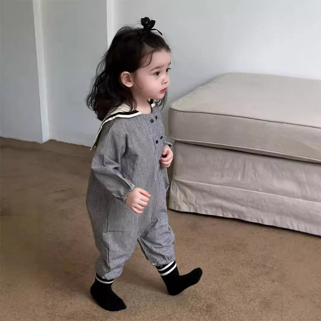 -ベビージャンプスーツ セーラーカラーストライプ/無地長袖つなぎ 2カラー - mamahalo shop - 長袖ジャンプスーツ -  べビー服 - 子供服 - 男の子 - 女の子
