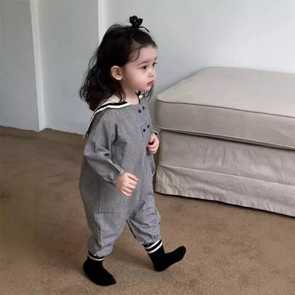 -ベビージャンプスーツ セーラーカラーストライプ/無地長袖つなぎ 2カラー - mamahalo shop - 長袖ジャンプスーツ -  べビー服 - 子供服 - 男の子 - 女の子