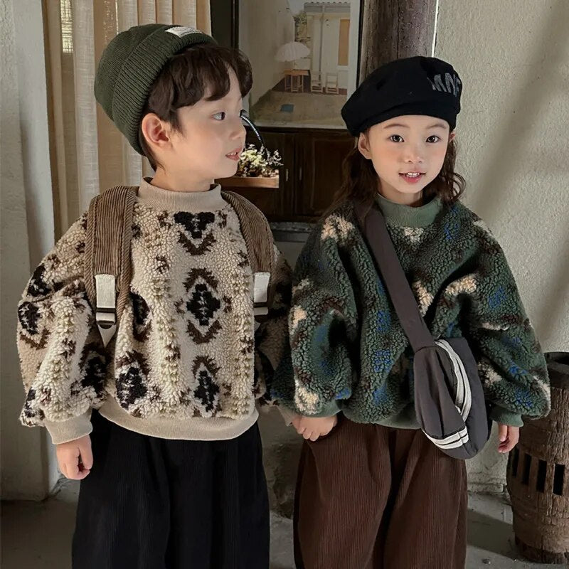 -キッズスウェットシャツ トライバル柄 ボアフリーストレーナー トップス カーキ グリーン 2カラー ユニセックス 男の子 女の子 子供服 - mamahalo shop - トレーナー・フーディ -  べビー服 - 子供服 - 男の子 - 女の子