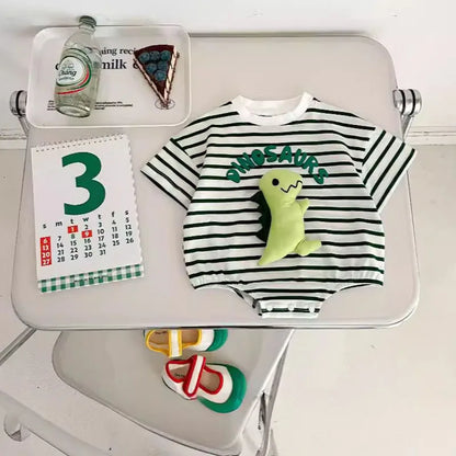 -ベビーロンパース 半袖ボディスーツ ボーダー 恐竜アップリケ【mh0006266】 - mamahalo shop - 半袖ロンパース -  べビー服 - 子供服 - 男の子 - 女の子