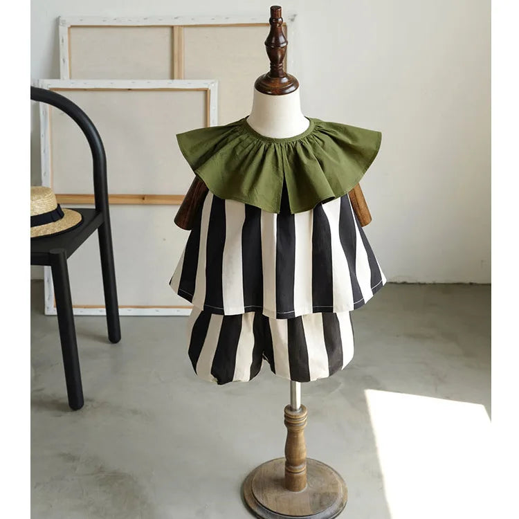 -キッズ ストライプ セットアップ フリルカラー 半袖 ブラウス バルーン ショートパンツ - mamahalo shop - ノースリーブセットアップ -  べビー服 - 子供服 - 男の子 - 女の子