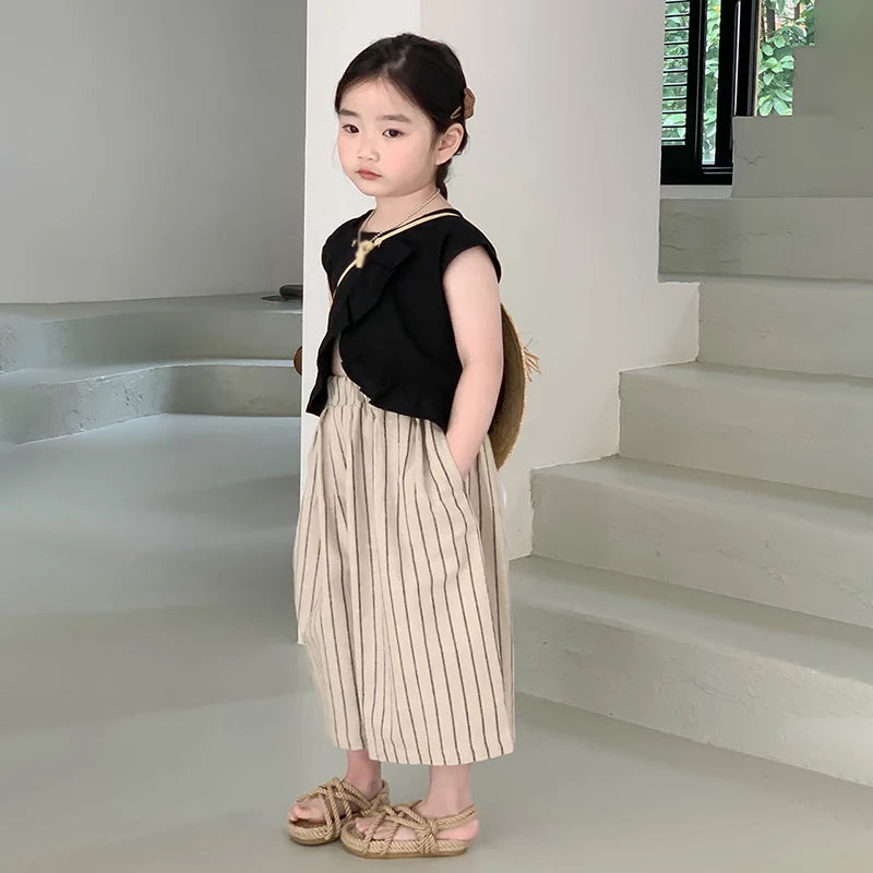 -キッズセットアップ 2点セット ノースリーブトップス+ストライプワイドルーズガウチョパンツ【mh0005789】 - mamahalo shop - ノースリーブセットアップ -  べビー服 - 子供服 - 男の子 - 女の子