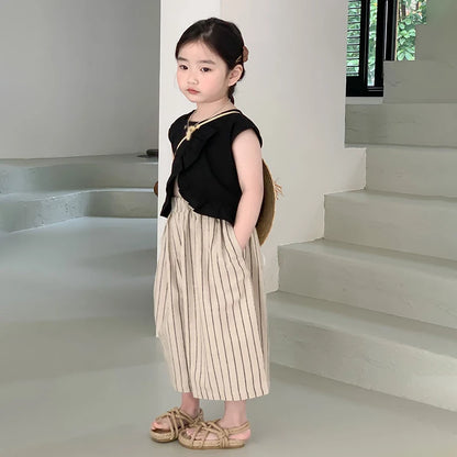 -キッズセットアップ 2点セット ノースリーブトップス+ストライプワイドルーズガウチョパンツ【mh0005789】 - mamahalo shop - ノースリーブセットアップ -  べビー服 - 子供服 - 男の子 - 女の子