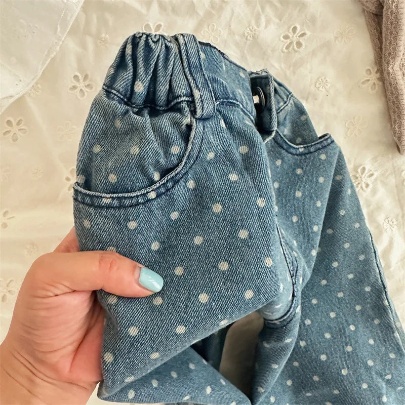 -キッズパンツ 水玉ドットワイドルーズデニムパンツ ジーンズジーパン - mamahalo shop - デニムパンツ -  べビー服 - 子供服 - 男の子 - 女の子