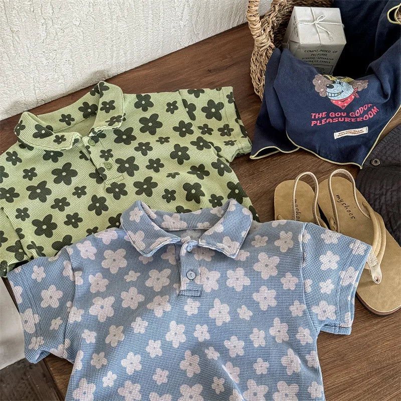 -キッズトップス 半袖ポロシャツ レトロフラワープリント 2カラー【mh0005445】 - mamahalo shop - 半袖シャツ・ブラウス -  べビー服 - 子供服 - 男の子 - 女の子