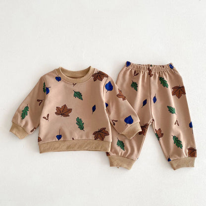 -ベビーセットアップ 2点セット ツリー ハウス リーフ 木 家 葉 プリント柄 スウェットシャツ スウェットパンツ ベージュ ブラウン 2カラー - mamahalo shop - 長袖セットアップ -  べビー服 - 子供服 - 男の子 - 女の子