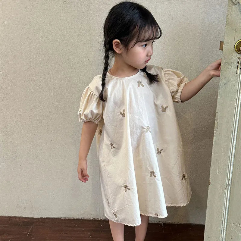 -キッズワンピース 半袖パフスリーブ うさぎバニー刺繍 ベージュ - mamahalo shop - 半袖ワンピース -  べビー服 - 子供服 - 男の子 - 女の子
