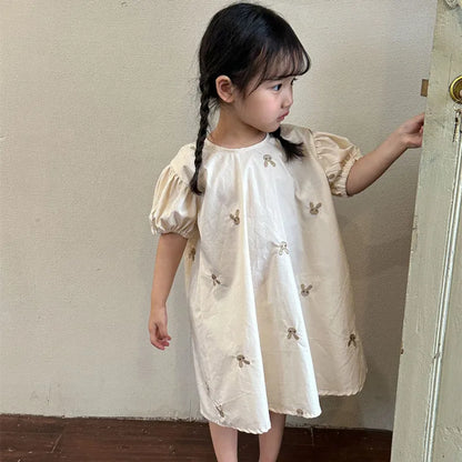 -キッズワンピース 半袖パフスリーブ うさぎバニー刺繍 ベージュ - mamahalo shop - 半袖ワンピース -  べビー服 - 子供服 - 男の子 - 女の子