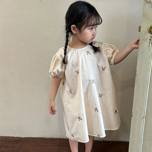 -キッズワンピース 半袖パフスリーブ うさぎバニー刺繍 ベージュ - mamahalo shop - 半袖ワンピース -  べビー服 - 子供服 - 男の子 - 女の子