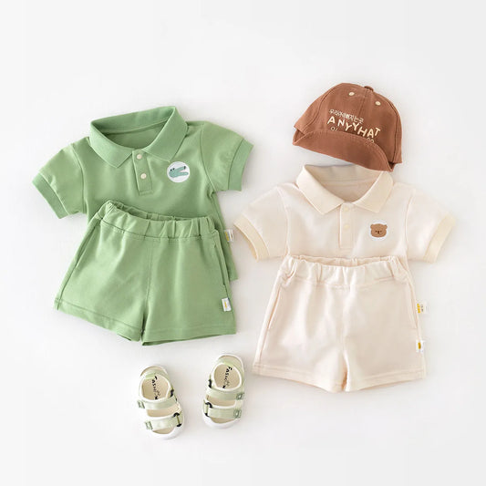 -ベビーセットアップ 2点セット 半袖ポロシャツ+ショートパンツ 2カラー - mamahalo shop - 半袖セットアップ -  べビー服 - 子供服 - 男の子 - 女の子