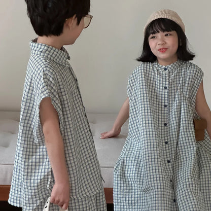 -キッズセットアップ 2点セット/ワンピース ボーイズ半袖シャツ+ショートパンツ/ガールズノースリーブフロントオープンワンピ チェック リンクコーデ 兄弟姉妹 お揃いコーデ【mh0004885】 - mamahalo shop - 半袖セットアップ -  べビー服 - 子供服 - 男の子 - 女の子