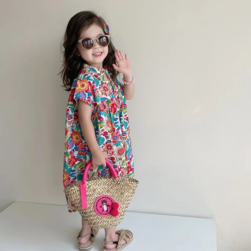 -キッズジャンプスーツ 半袖シャツつなぎ フラワー花柄プリント【mh0005838】 - mamahalo shop - 半袖ジャンプスーツ -  べビー服 - 子供服 - 男の子 - 女の子