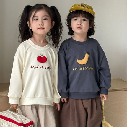 キッズトップス バナナ/りんごアップリケ長袖スウェットシャツ - mamahalo shop - 長袖Tシャツ -  べビー服 - 子供服 - 男の子 - 女の子