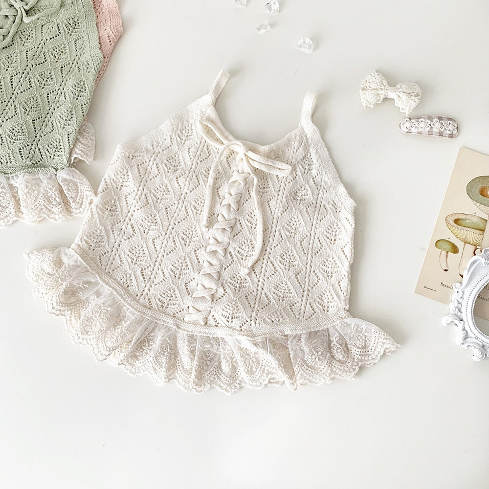 -ベビー キッズ サマーニット 編み上げ レース キャミソール ペプラム トップス ブラウス ピンク クリームアイボリー グリーン ガールズ - mamahalo shop - タンクトップ・キャミソール・ノースリーブトップス -  べビー服 - 子供服 - 男の子 - 女の子