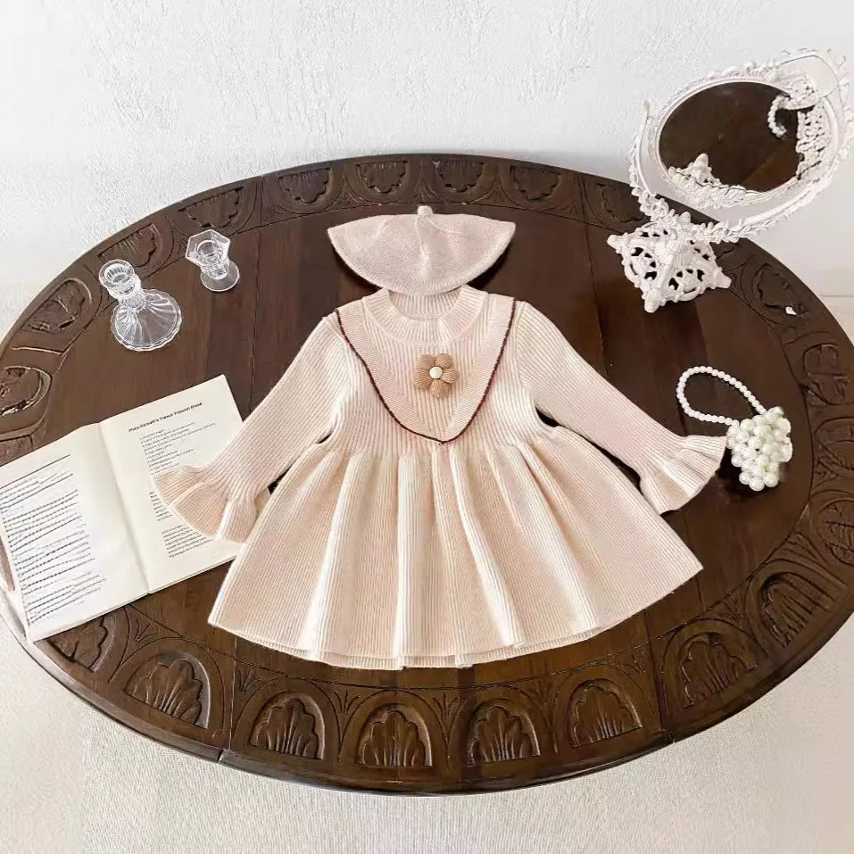 -ベビーキッズ フラワー長袖ベルスリーブニットワンピース 2カラー - mamahalo shop - 長袖ワンピース -  べビー服 - 子供服 - 男の子 - 女の子