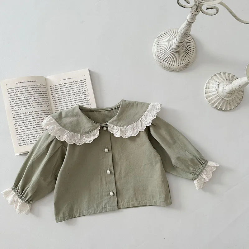 -ベビートップス 長袖ブラウス レースフリル 長袖シャツ ベージュ/グリーン/2カラー - mamahalo shop - 長袖シャツ・ブラウス -  べビー服 - 子供服 - 男の子 - 女の子