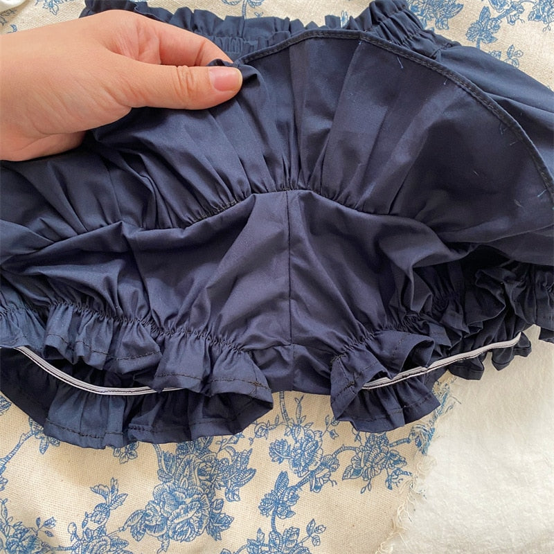 -キッズ レイアード フリル パンツイン スカート ネイビーブルー ガールズ - mamahalo shop - ハーフパンツ・ショートパンツ -  べビー服 - 子供服 - 男の子 - 女の子