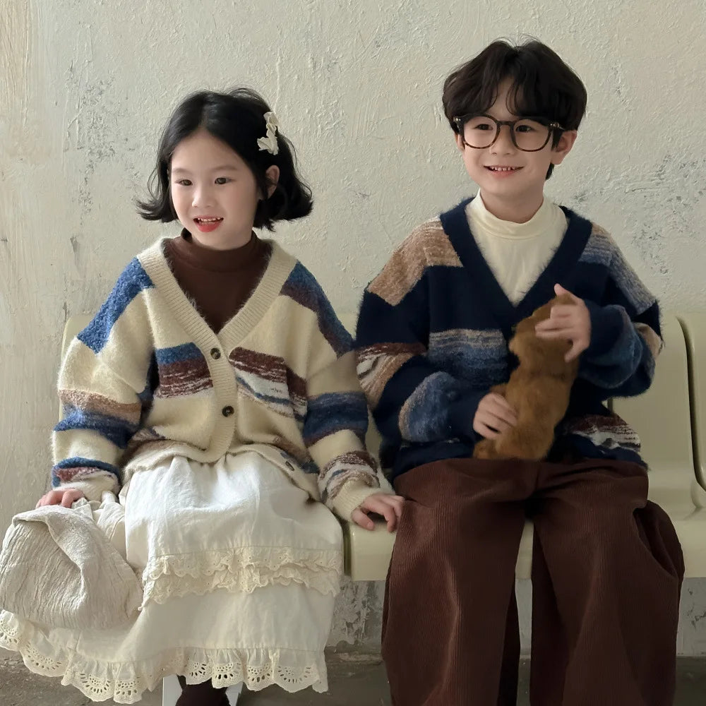 -キッズカーディガン カラフルボーダーVネックニットジャケット 2カラー - mamahalo shop - カーディガン・パーカー -  べビー服 - 子供服 - 男の子 - 女の子
