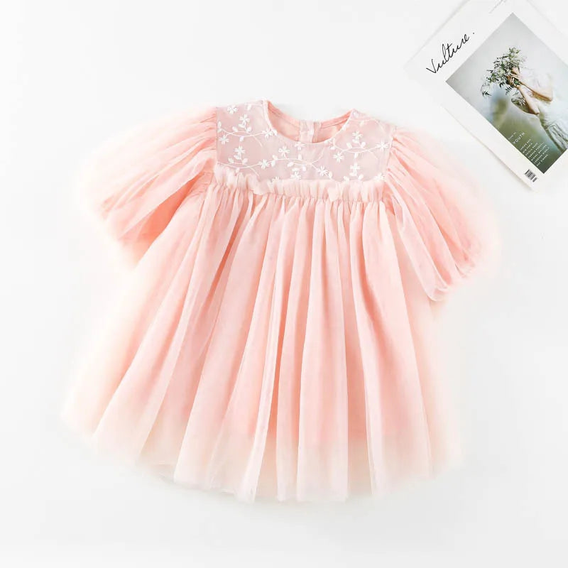 -キッズワンピース 刺繍レース 長袖パフスリーブ ドレスワンピース ピンク アイボリー 2カラー【mh0003704】 - mamahalo shop - 長袖ワンピース -  べビー服 - 子供服 - 男の子 - 女の子