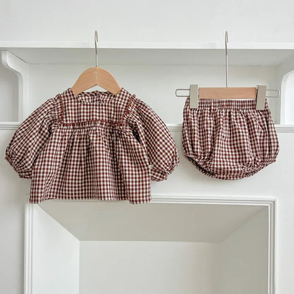 -ベビーセットアップ 2点セット チェック長袖パフスリーブチュニックブラウス+ブルマパンツ 2カラー【mh0007355】 - mamahalo shop - 長袖セットアップ -  べビー服 - 子供服 - 男の子 - 女の子