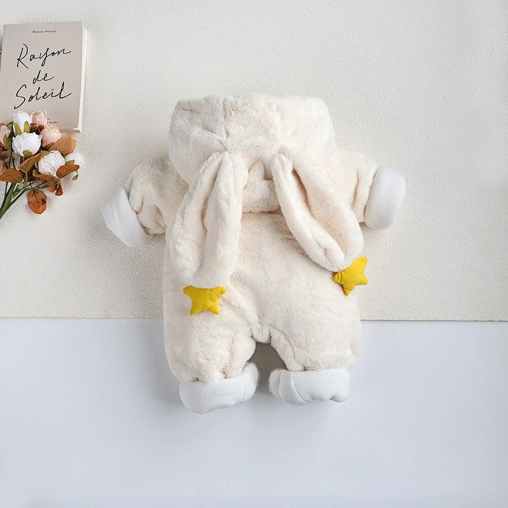 -ベビーアウタージャンプスーツ うさぎ バニー 耳付きフーディロンパース フリース ピンク ホワイト 2カラー ユニセックス 男の子 女の子 子供服 - mamahalo shop - アウタージャンプスーツ -  べビー服 - 子供服 - 男の子 - 女の子