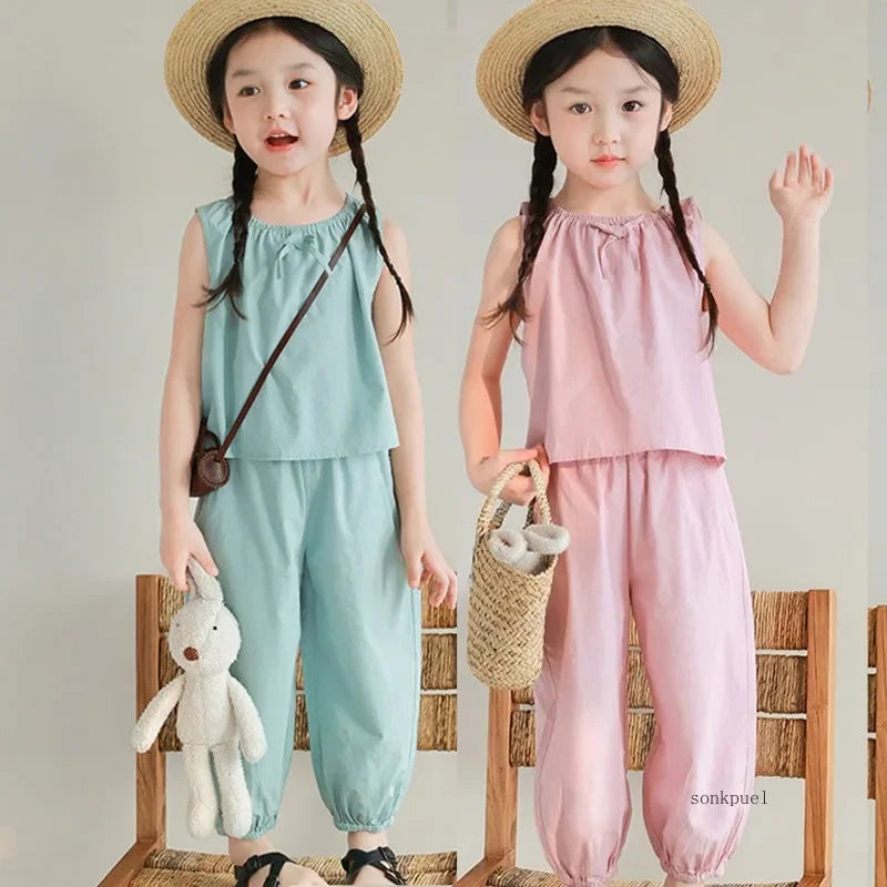 -キッズセットアップ 2点セット ノースリーブブラウス+ルーズクロップドパンツ 3カラー【mh0006117】 - mamahalo shop - ノースリーブセットアップ -  べビー服 - 子供服 - 男の子 - 女の子