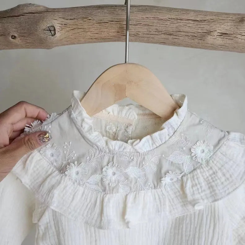 -ベビーロンパース 長袖ボディスーツ レースフリルパッチワーク ベージュ/ピンク/2カラー - mamahalo shop - 長袖ロンパース -  べビー服 - 子供服 - 男の子 - 女の子