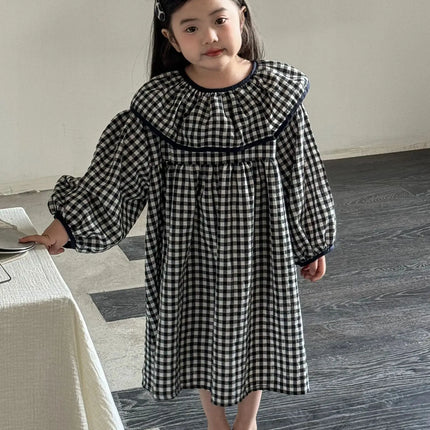 キッズワンピース チェックラッフル襟長袖ワンピース - mamahalo shop - 長袖ワンピース -  べビー服 - 子供服 - 男の子 - 女の子