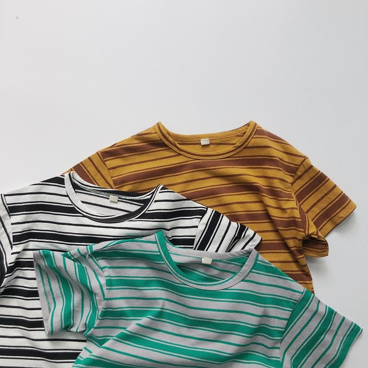 -キッズ レトロ ボーダー 半袖 Tシャツ トップス イエロー ブラック グリーン ボーイズ - mamahalo shop - 半袖Tシャツ -  べビー服 - 子供服 - 男の子 - 女の子