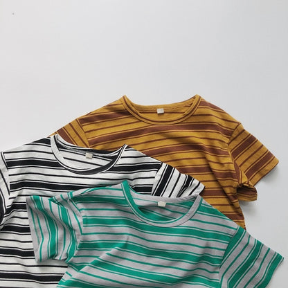 -キッズ レトロ ボーダー 半袖 Tシャツ トップス イエロー ブラック グリーン ボーイズ - mamahalo shop - 半袖Tシャツ -  べビー服 - 子供服 - 男の子 - 女の子