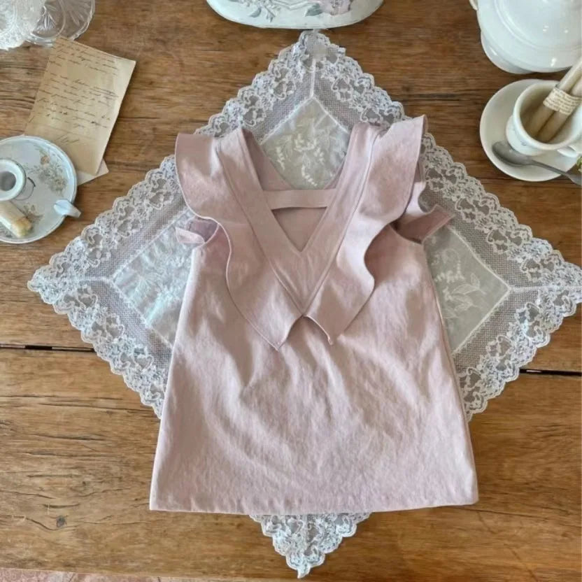 -ベビーワンピース ノースリーブフリルVネックワンピース バックオープン 2カラー【mh0005711】 - mamahalo shop - ノースリーブワンピース -  べビー服 - 子供服 - 男の子 - 女の子