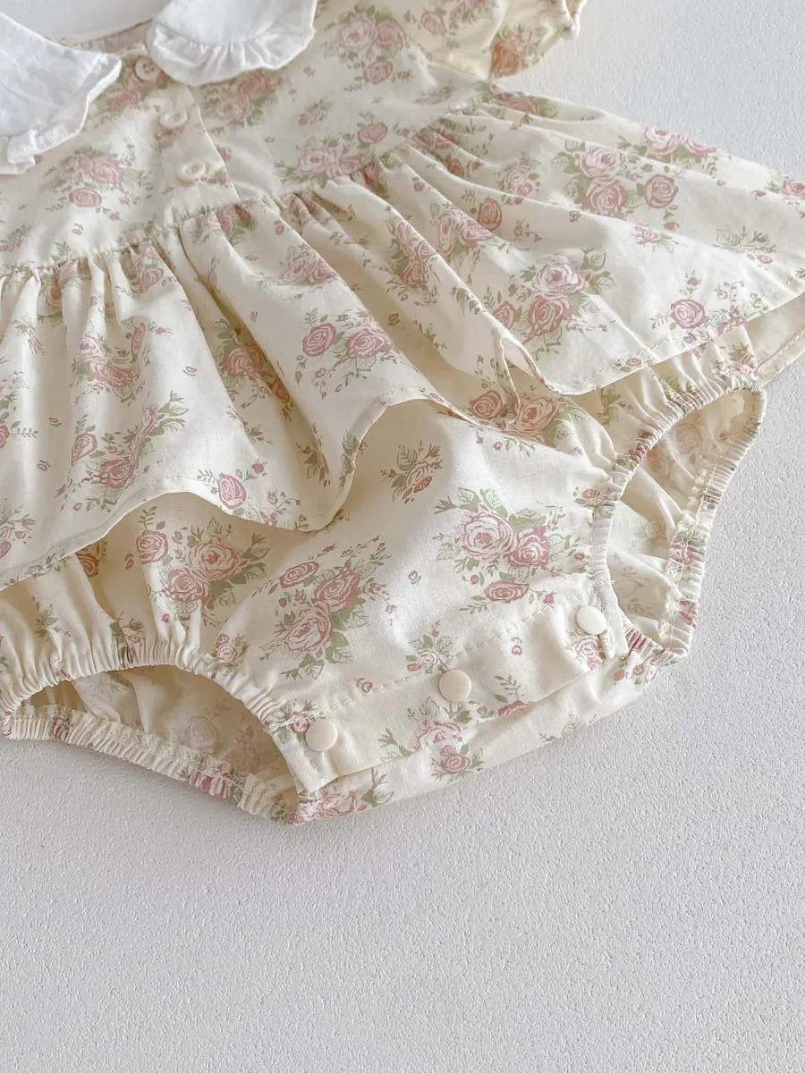 -ベビーロンパース 半袖パフスリーブ フリル丸襟ブラウス スカートボディスーツ アプリコット - mamahalo shop - 半袖ロンパース -  べビー服 - 子供服 - 男の子 - 女の子