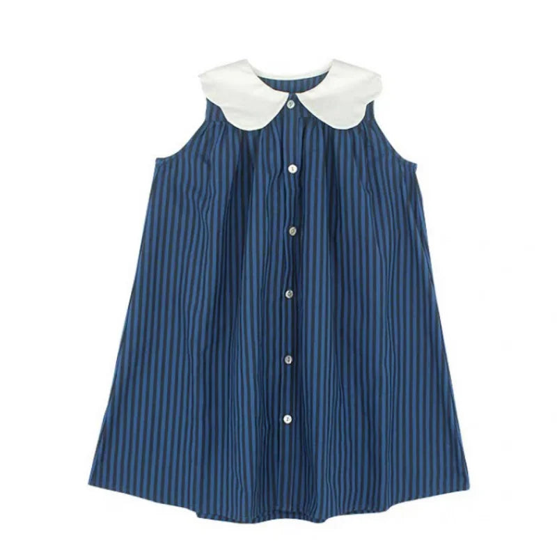 -キッズワンピース 襟付きストライプ ノースリーブワンピース ブルー【mh0005957】 - mamahalo shop - ノースリーブワンピース -  べビー服 - 子供服 - 男の子 - 女の子