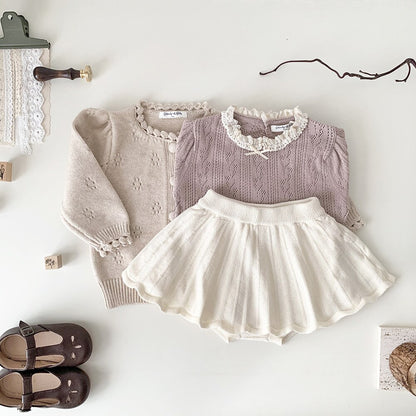 -ベビー服 キッズ服 カーディガン ジャケット ニット レース パフスリーブ 紫 ベージュ 2色 女の子 - mamahalo shop - カーディガン・パーカー -  べビー服 - 子供服 - 男の子 - 女の子