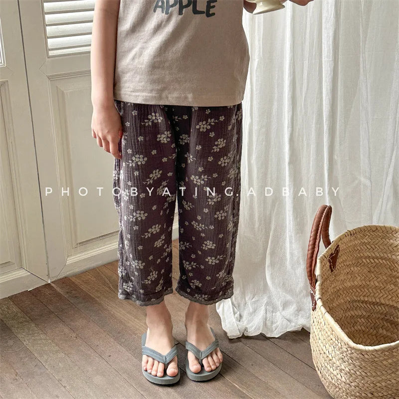 -キッズパンツ サマールーズワイドクロップドパンツ フラワー花柄プリント 2カラー - mamahalo shop - ロングパンツ・スウェットパンツ -  べビー服 - 子供服 - 男の子 - 女の子