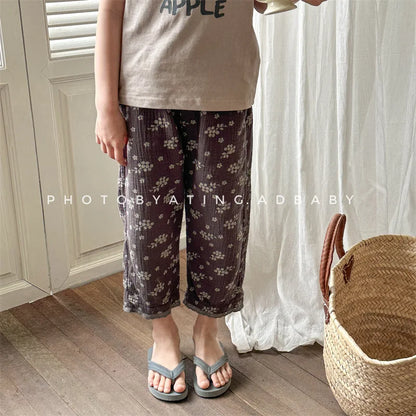 -キッズパンツ サマールーズワイドクロップドパンツ フラワー花柄プリント 2カラー - mamahalo shop - ロングパンツ・スウェットパンツ -  べビー服 - 子供服 - 男の子 - 女の子