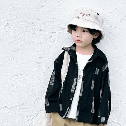 -キッズトップス レトロストライプ長袖オーバーシャツ ブラック - mamahalo shop - 長袖シャツ・ブラウス -  べビー服 - 子供服 - 男の子 - 女の子