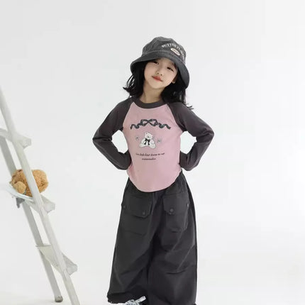 キッズトップス ベアくまプリントラグランパッチワーク長袖Tシャツ 2カラー - mamahalo shop - 長袖Tシャツ -  べビー服 - 子供服 - 男の子 - 女の子