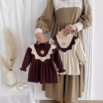 -ベビーキッズワンピース ニットフラワー長袖ワンピース 2カラー - mamahalo shop - 長袖ワンピース -  べビー服 - 子供服 - 男の子 - 女の子